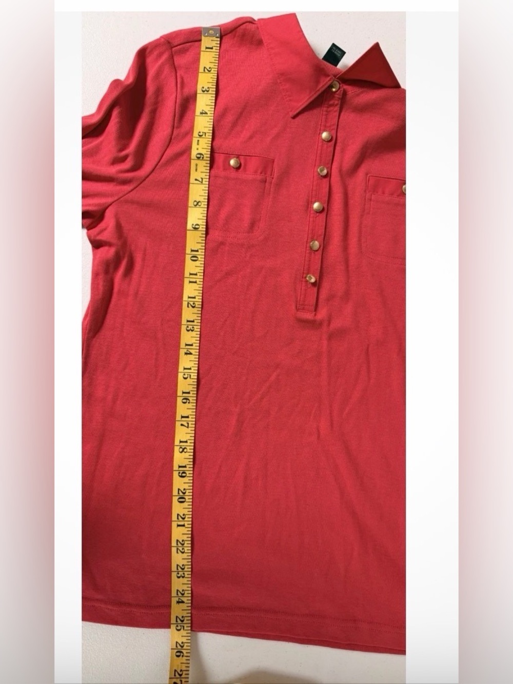 Lauren Ralph Lauren Red Knit Polo Shirt Gold Buttons 3/4 Sleeve Women’s Size L - Picture 4 of 6